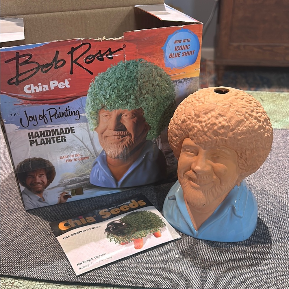 Bob Ross Chia Pet, Handmade Planter, New in Box, Blue Shirt * Damaged box